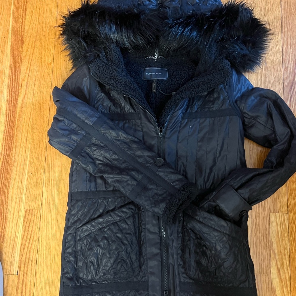 BCBG Black Puffer Jacket with Faux Fur Hood